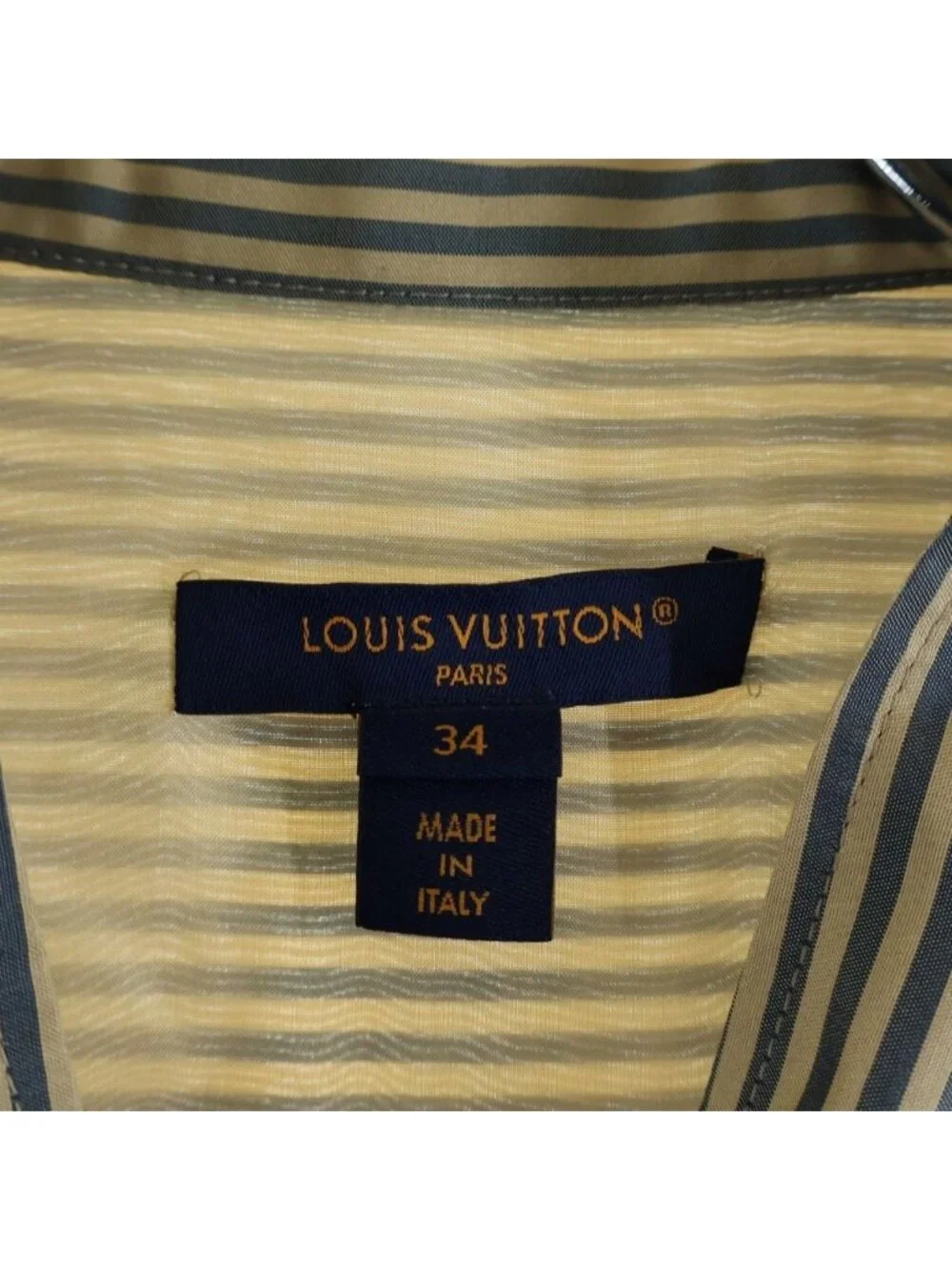 Louis Vuitton 24 SS Stripe Stand Collar Silk Long Sleeve Shirt Blouse Gold Gray